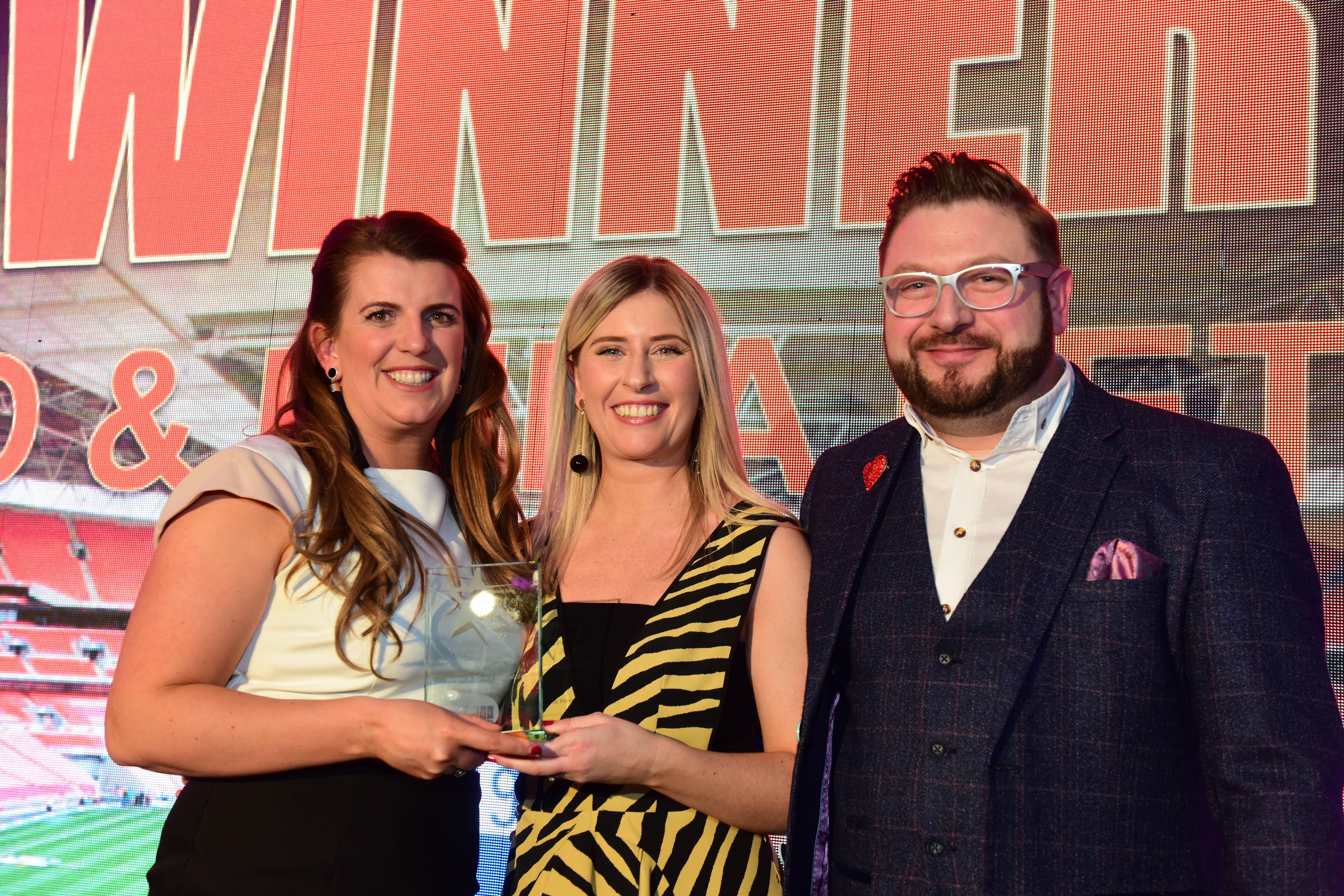 Emma (left) and Sergio (right) Petrucci receive their Best of Wearside Award from Emily Downes (centre)  Regional CSR Specialist - The North Group Communications at the BGL Group.