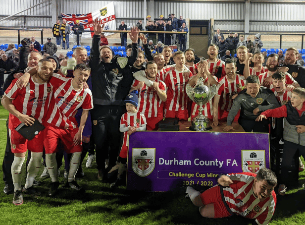<p>Ryhope CW players, coaches and supporters celebrate their Durham Challenge Cup Final win after they came through a penalty shoot-out to see off Northern League rivals Crook Town</p>