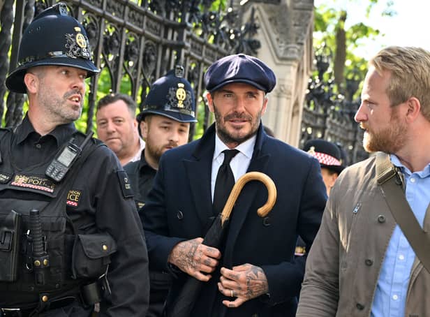 <p>David Beckham queued around 12 hours to walk past Queen Elizabeth II’s coffin. Credit: Getty Images.</p>