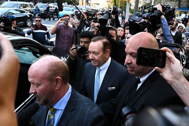 Actor Kevin Spacey is surrounded by members of the media and fans as he leaves the US District Courthouse on October 06, 2022 in New York City (Photo by Alexi J. Rosenfeld/Getty Images)