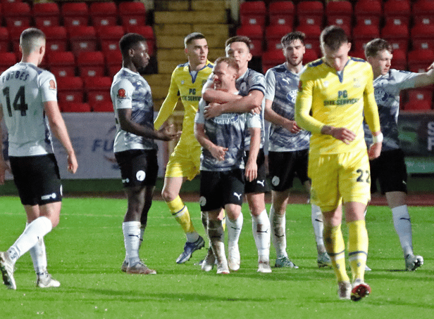 <p>Gateshead celebrate after Adam Campbell scored their second goal in the 3-1 win against Southend United (photo Charles Waugh)</p>