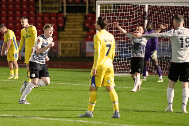 Conor Carty celebrates his debut goal in Gateshead’s 3-1 home win against Southend United (photo Charlie Waugh)