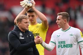 Newcastle United head coach Eddie Howe and left-back Matt Targett. (Photo by Stu Forster/Getty Images)