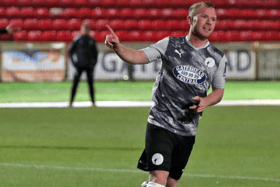 Gateshead star Adam Campbell had mixed emotions after his side’s 2-2 home draw with York City (Photo Charlie Waugh)
