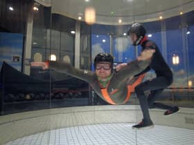 Richard Gullick tries out indoor skydiving at the Bear Grylls Adventure, Birmingham.