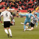 Mike Williamson challenges for the ball in Gateshead’s FA Trophy quarter-final win against Farsley Celtic (photo Charlie Waugh)