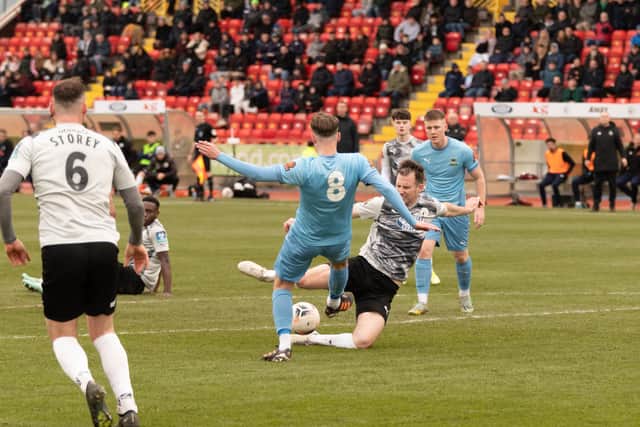 Mike Williamson challenges for the ball in Gateshead’s FA Trophy quarter-final win against Farsley Celtic (photo Charlie Waugh)