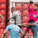Gateshead goalkeeper James Montgomery in action during the FA Trophy quarter-final win over Farsley Celtic (photo Charles Waugh)