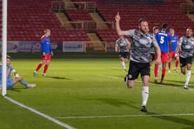 Louis Storey celebrates after scoring Gateshead’s first goal in their 3-0 home win against Dagenham & Redbridge (photo Charles Waugh)