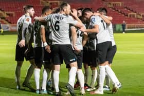 Gateshead celebrate after Louis Storey scored their second goal in a 3-0 win against Dagenham and Redbridge (photo Charles Waugh)