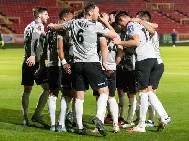Gateshead celebrate after Louis Storey scored their second goal in a 3-0 win against Dagenham and Redbridge (photo Charles Waugh)