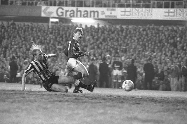 Marco Gabbiadini scores for Sunderland against Newcastle in the 1990 play-off semi final.
