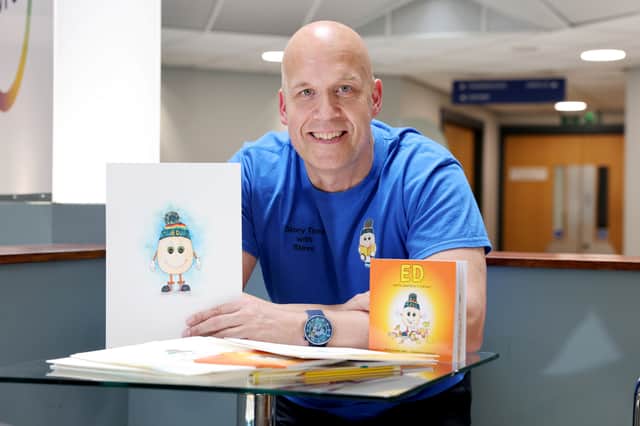 Steven Udale with his book character, Ed the Egg.