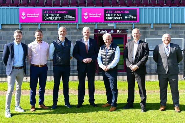 (L-R) Adam Shaw, Director and Consultant specialising in Sport, Fitness and Health, Ian Moody, Director of University of Sunderland’s International Office, Lee Picton, Sporting Director at South Shields FC, Sir David Bell, Vice-Chancellor and Chief Executive of University of Sunderland, Geoff Thompson, owner of South Shields FC, Professor Jon Timmis, Deputy Vice-Chancellor and Tom Atkinson, International Regional Team Leader at University of Sunderland.