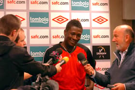 Sunderland Football Club's record signing Asamoah Gyan is pictured meeting the local press in August 2010.