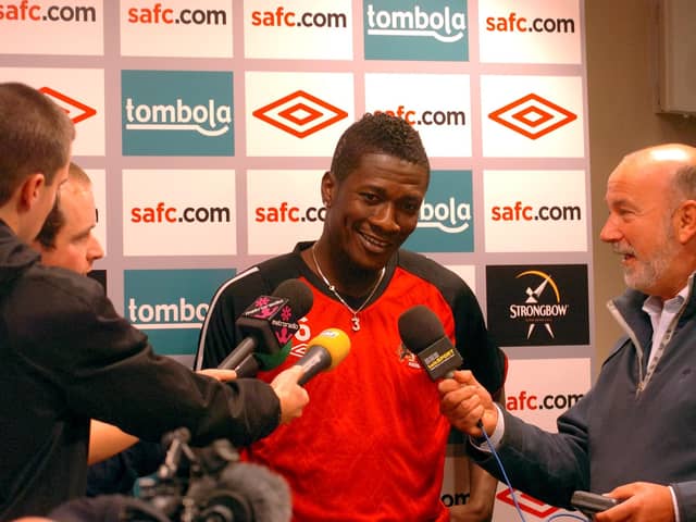 Sunderland Football Club's record signing Asamoah Gyan is pictured meeting the local press in August 2010.