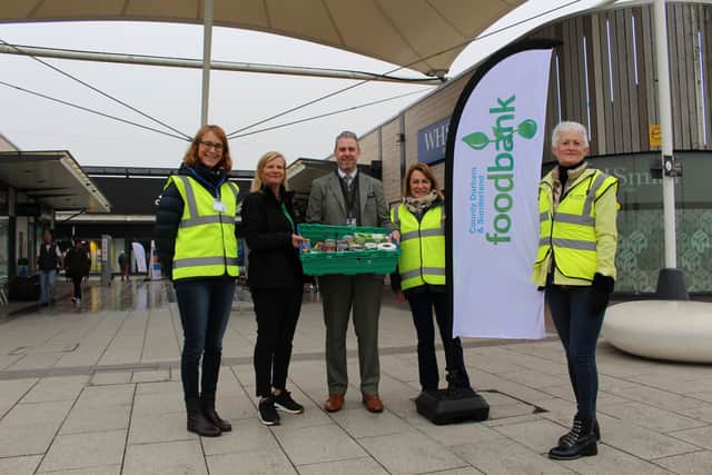Left to right, County Durham and Sunderland Food Bank's debt adviser Penny Oxley, network support officer Simone Green, Dalton Park manager Richard Kaye and food bank volunteers Debra Wright and Judith Mclaren.