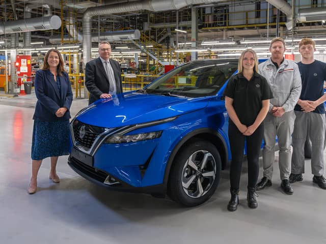 (from left) Ellen Thinnesen, Chief Executive of Education Partnership North East and Sunderland College; Brendan Tapping, Chief Executive of Bishop Chadwick Catholic Education Trust; and Michael Jude, HR Director at Nissan Sunderland Plant, with Nissan apprentices. 