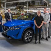 (from left) Ellen Thinnesen, Chief Executive of Education Partnership North East and Sunderland College; Brendan Tapping, Chief Executive of Bishop Chadwick Catholic Education Trust; and Michael Jude, HR Director at Nissan Sunderland Plant, with Nissan apprentices. 