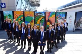Pupils from Sandhill View Academy get to see their artwork on display at the city's under construction new train station.