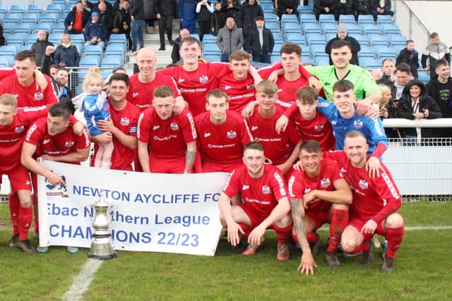 Brian Atkinson and his Newton Aycliffe players celebrate their Northern League title win (photo Yvonne Wood)