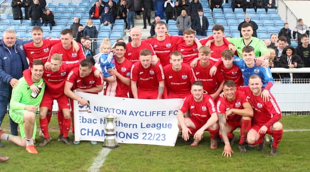 Brian Atkinson and his Newton Aycliffe players celebrate their Northern League title win (photo Yvonne Wood)