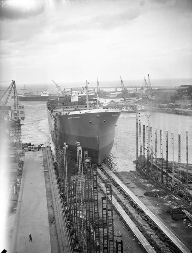 The launch of the 50,000-ton tanker British Cavalier from Thompsons in 1962.