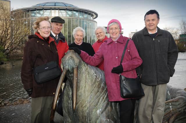 Friends of Sunderland Museum (Fosums) members Kathleen and John Shipley, Joyce Wright, Elsie Ronald, Sylvia Smith and Tony Clark alongside the Walrus sculpture in Mowbray Park.