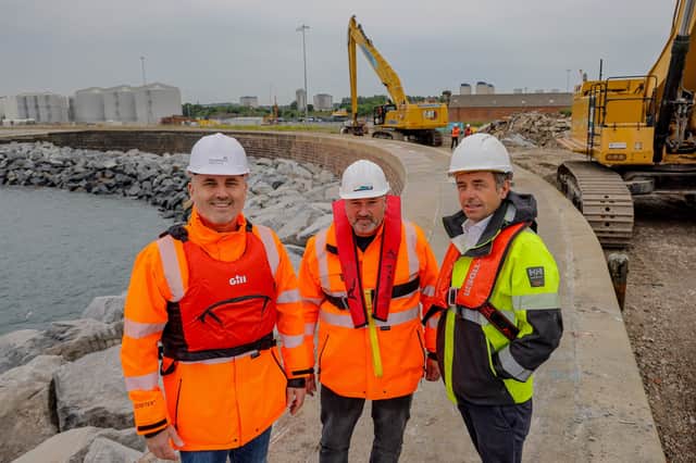 (from left) Coastal Group Engineer Peter Routledge;  city council Flood and Coastal Engineer Des Hall and Stephen Burke. director at ARM Pipetek, the contractor undertaking the work