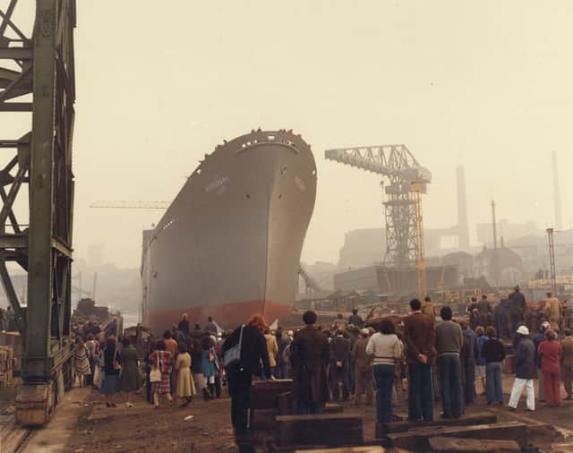 Cargo ship Ruddbank ready for launch at Deptford shipyard of Sunderland Shipbuilders Ltd, November 1978. (Sunderland Museum and Winter Gardens)