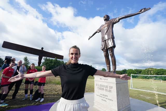 Former England footballer Jill Scott is unveiled as the new captain for Sky's hit show A League Of Their Own, at the Angel of the North statue in Gateshead. To mark the occasion Jill has been made into a statue, which will stand alongside the Angel of the North, becoming a short-term tourist installation honouring her sporting achievements. Picture date: Tuesday July 4, 2023.