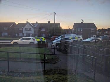 Police in Greenwood Road, Grindon. Two people have been arrested after an incident which left a woman needing treatment for facial injuries in the early hours of Thursday. (Pic: UGC)