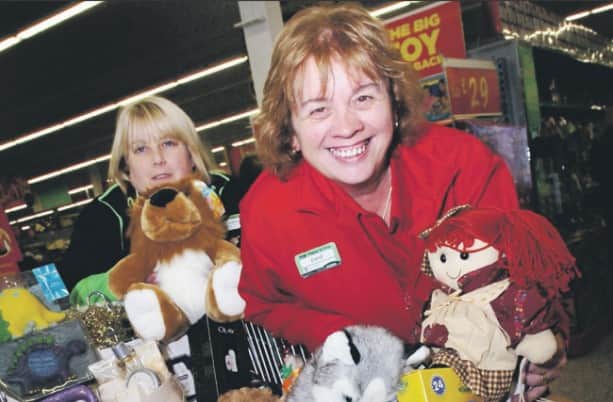 Asda staff Lesley Watson and Carol Holyoak with some of the donated toys in 2010.