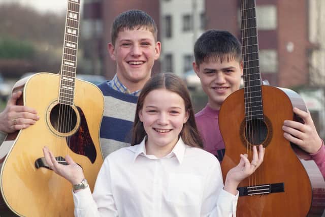 Budding singing star Lyndsey Day with Town End Farm Youth musicians David Cuthbertson, 15, left and Steve Dorward, 15.