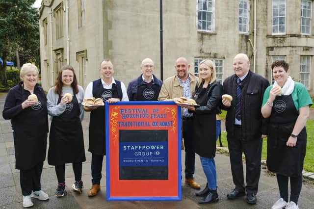Submitted picture: Members of The Houghton Feast Trust and StaffPower Group at the Old Rectory, Houghton-le-Spring, July 2023. Pictured, from left, are:Joan Nicholas, volunteer;Jade Turnbull-Mason, SPACE4 Food Bank;Paul Lanagan, Ox Roast Co-ordinator;Alastair Bradley, Trustee;Anthony Hudson, Managing Director of StaffPower Group;Kristie Lanagan, Ox Roast Manager;Kevin Reilly, Chairman of The Houghton Feast Trust;Wendy Smith, volunteer.