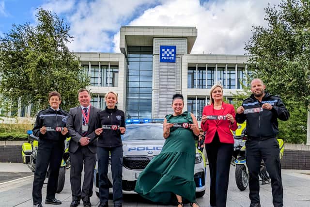 (Left to right) Assistant Chief Constable Tonya Antonis, Jonathan Slee from Durham County Council, Detective Constable Natalie Horner, Mariellena Johnson, PCC Joy Allen, and Inspector Kevin Salter from Durham Roads and Armed Policing Unit.