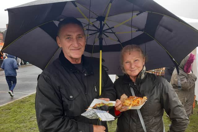Seaham Food Festival regulars Dennis and Doris Tilmour braving Storm Antoni.
