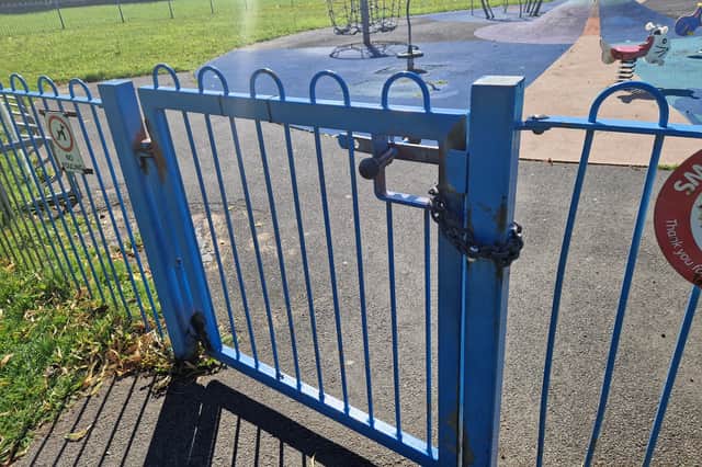 The padlocked gate to the play area at Hetton Lyons Country Park