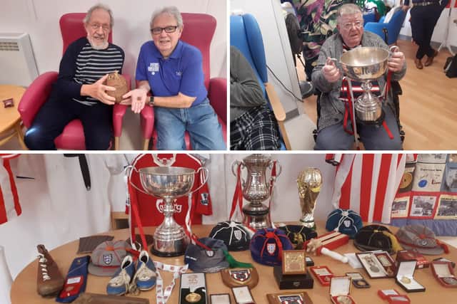 Fans Museum member Jack Clark chatting to Alan Brown, Norman Lowe gets his hands on a trophy, and some of the 200 memorabilia items brought into the hospital.