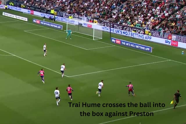 Trai Hume crosses the ball into the box against Preston with a lack of Sunderland players in the box. Photo: Wyscout