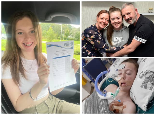 Kayleigh Llewellyn with her exam results - 4 years after her heart transplant.