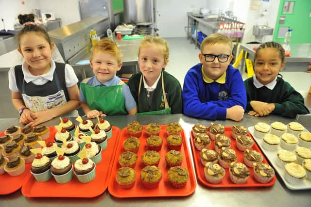 Primary school pupils Harper Scott-Cousins, Samuel Bailey, Kendra Price, Alfie Johnson and Lennox Crosdale, with their muffins.