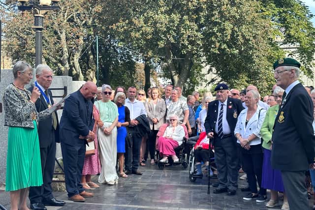 Mayor of Sunderland, Cllr Dorothy Trueman unveiling the latest stones in the Veterans' Walk in Mowbray Park.