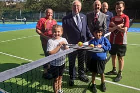 Hetton Primary School pupils Isabelle Malkin, 8, and Jason Sing, 8, join councillors James Blackburn and John Price, LTA representative Paul Sheard and Everyone Active coaches Nicola Keerie and Ashleigh Baines, for the official unveiling of Hetton Park's new tennis courts.