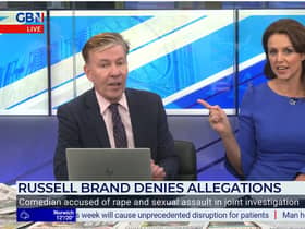 GB News presenters Andrew Pierce and Beverley Turner clashed over Russell Brand Picture: GB News