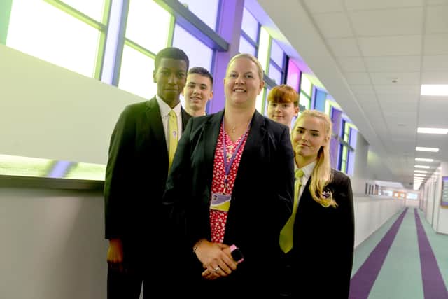 Castle View Enterprise Academy principal Joanne Owens with head and deputy head students Tchoui Haggar, Libby Malone, Jack King and Charlie Christie.