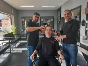 (left to right) barber Selcuk Boybay, 39, Ottoman Barber public relations spokesman, Huseyin Cakir, 28, and co-owner Hanif Sakli, 40. 