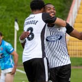 Marcus Dinanga celebrates after scoring Gateshead’s second goal in their 3-0 home win against Maidenhead United (photo Charlie Waugh)