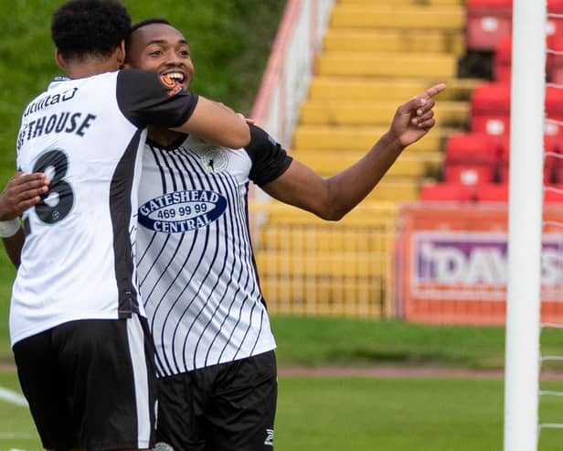 Marcus Dinanga celebrates after scoring Gateshead’s second goal in their 3-0 home win against Maidenhead United (photo Charlie Waugh)