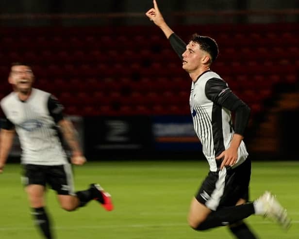 Connor McBride celebrates after scoring his second goal in Gateshead’s 2-1 home win against Wealdstone (photo Jack McGraghan)